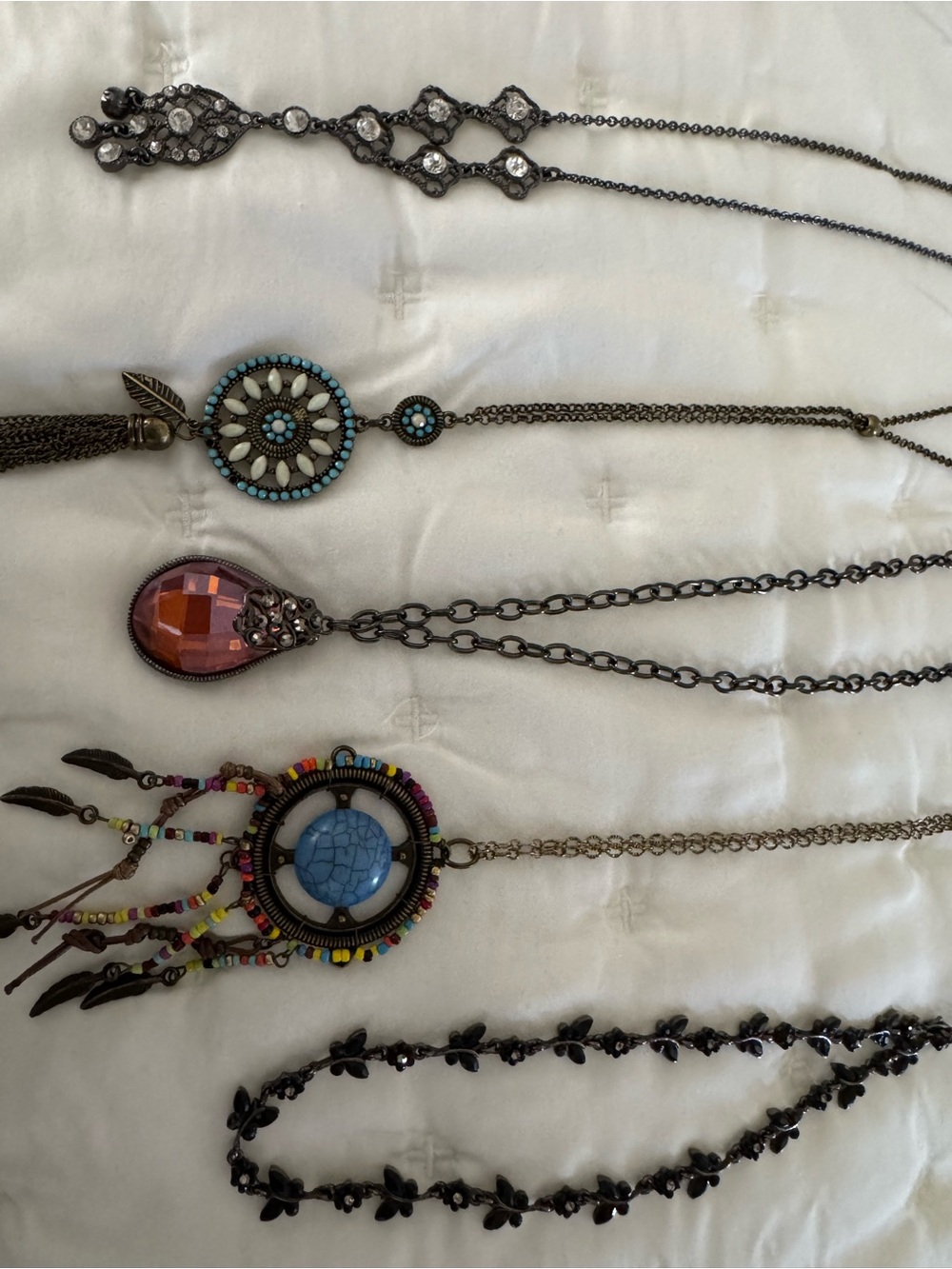 Lot of Five Boho Turquoise Bohemian and Bronze Medallion Necklaces